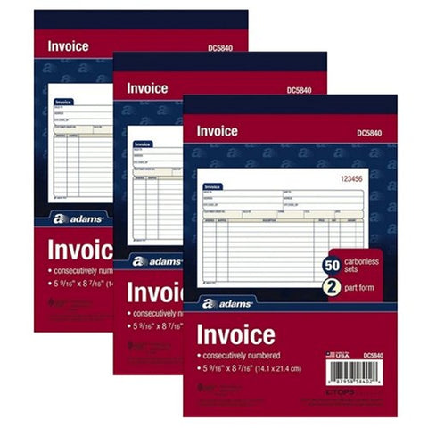 Adams Invoice Book 2-Part, Carbonless, 5-9/16 x 8-7/16 Inches, 50 Sets per Book DC5840 (3 Pack)