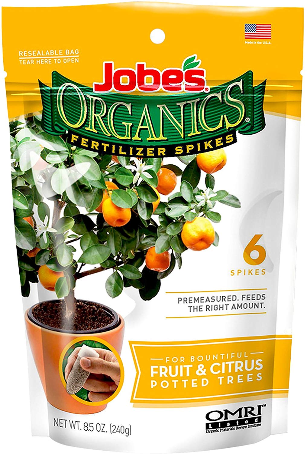 Jobe’s Organics Fruit & Citrus Tree Fertilizer Spikes, 3-5-5 Time Release Fertilizer for all Container or Indoor Fruit Trees, 6 Spikes per Package