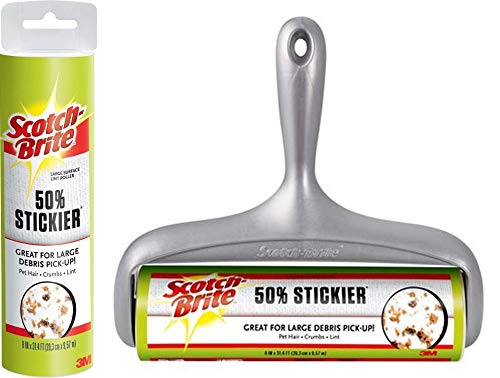 Scotch-Brite Large Surface 8" Wide Lint Roller Plus Refill (120 Sheets Total) Cat Dog Pet Hair Animal Fur Remover Clothing Upholstery Bundle Value Pack Combo